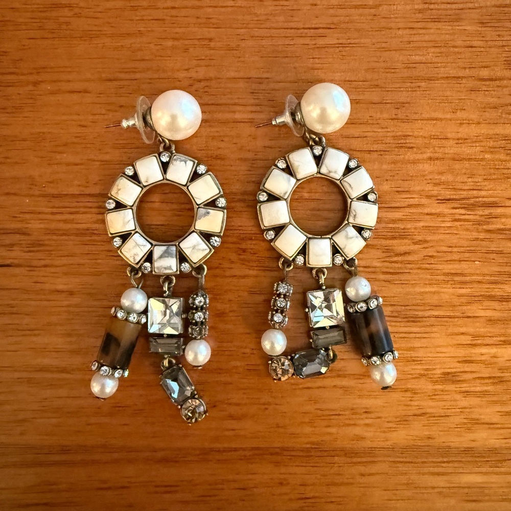 Pearl and Crystal Tortoiseshell Drop Earrings Statement Preppy Boho